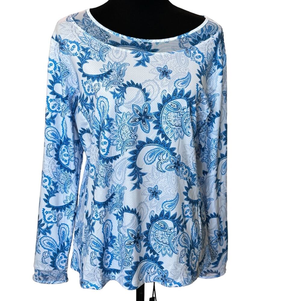 New ~ GOTTEX ~ Hippie Paisley Print Mesh Long Sleeve Activewear Top Size L